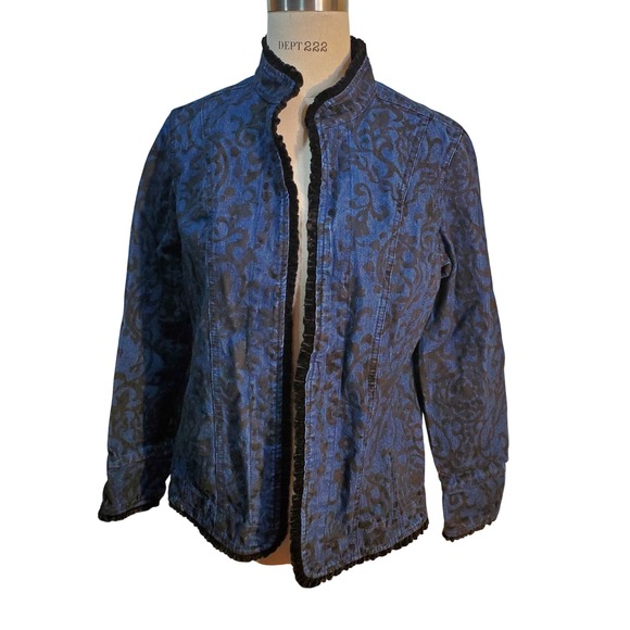 Liz Claiborne Denim Jacket Damask Print Velvet Trim Collar Blue Jean M - Picture 2 of 7